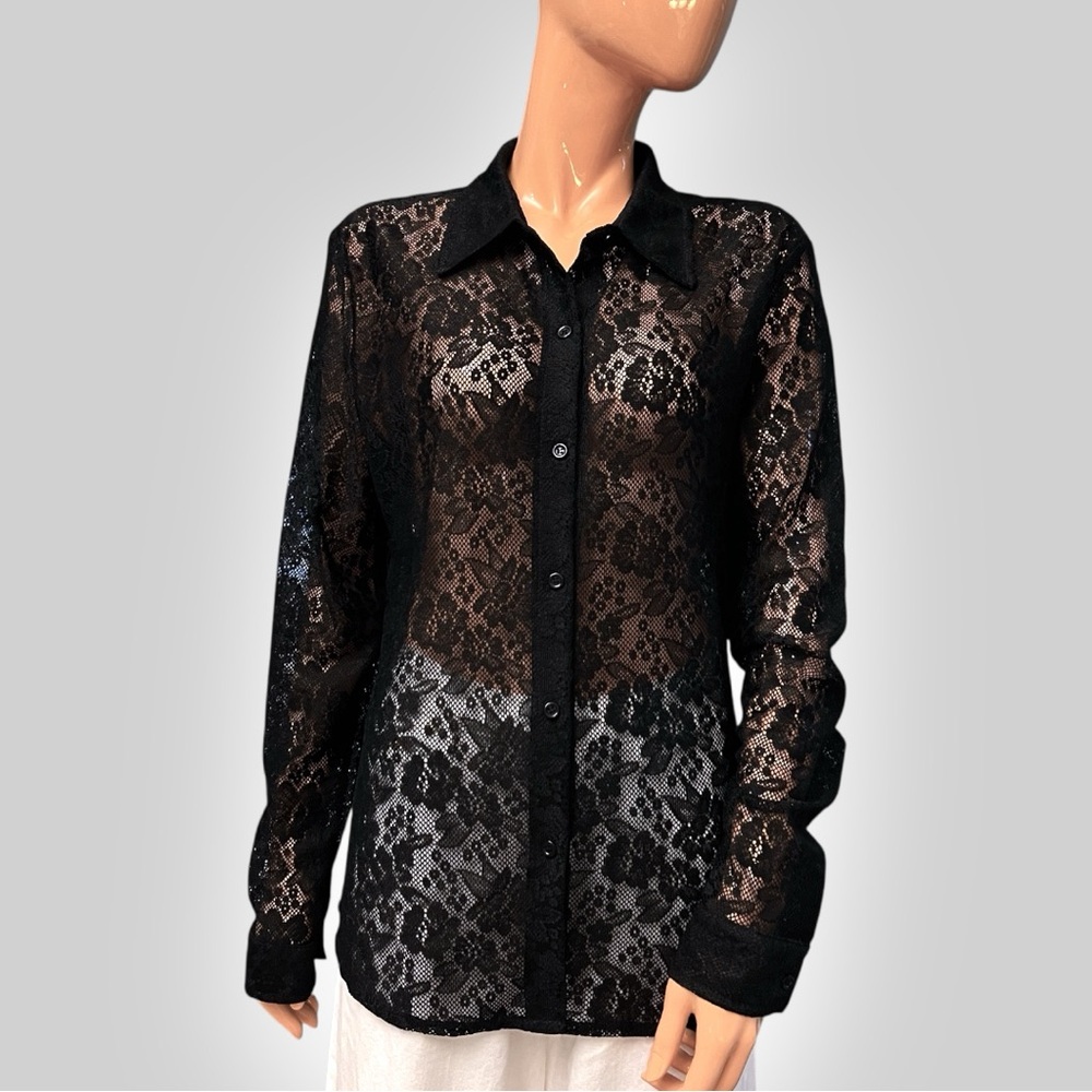NEW YORK & CO Long Sleeve Floral Stretch Lace Blouse Dark Floral